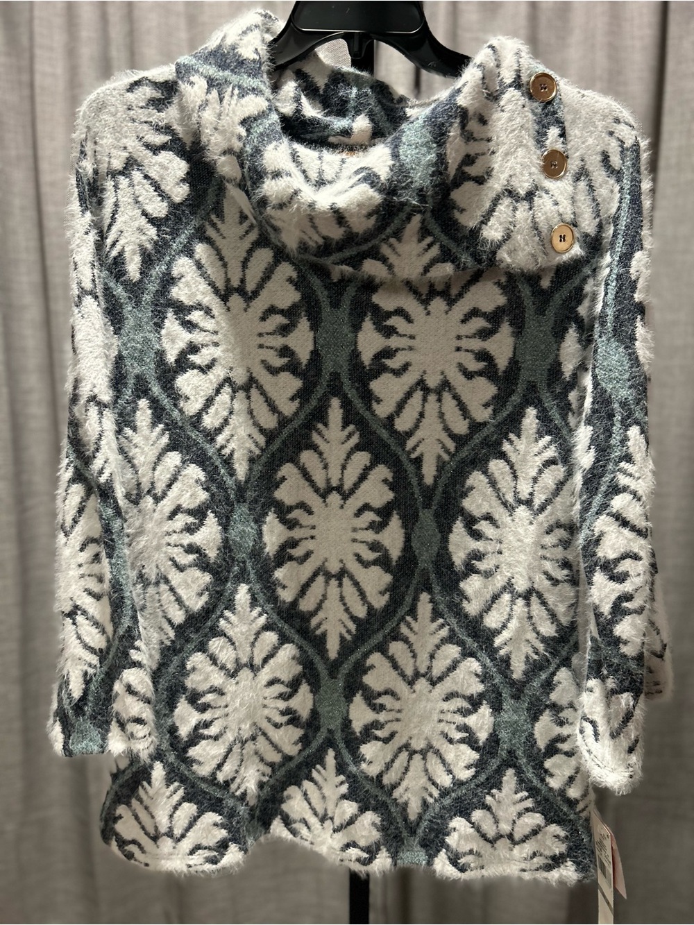 Cozy Cowl Neck Patterned Sweater - White & Teal